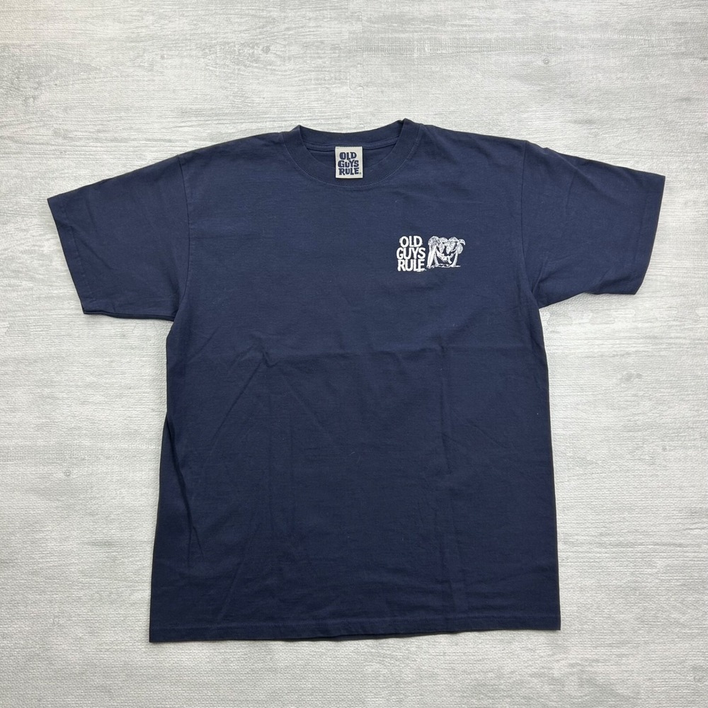 Vintage 90s Old Guys Rule Shirt Size Large Navy Blue Vacation Palm Tree